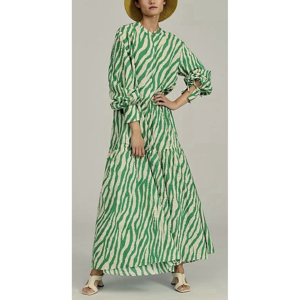 Stella Nova Anthropologie Isolda Green Zebra Seersucker Maxi Dress 40/US 10